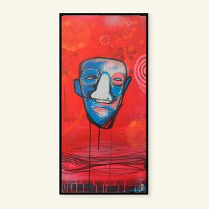 Abstrakt rødt maleri med ansigt af Kamilla Ruus